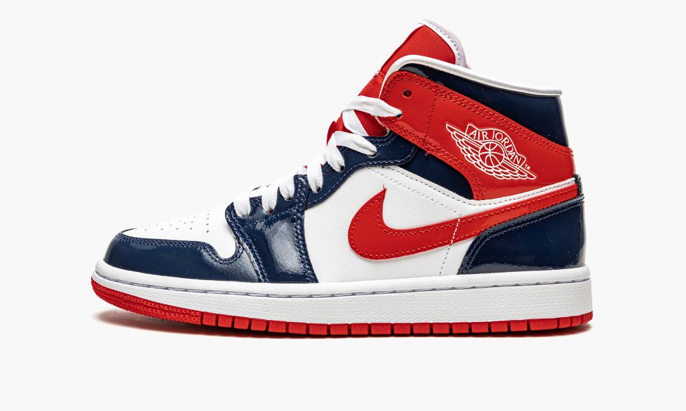 Nike Air Jordan 1 Mid "Patent Koža Navy / White / Red" Ženske Cipele Bijele Crvene Plave Tamnoplave | Hrvatska-2601839